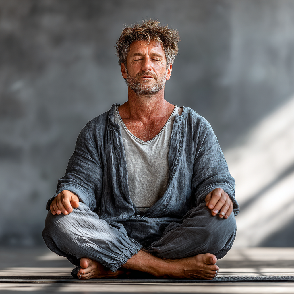 Peaceful man in his early 50s in a meditation pose, sitting cross-legged on a yoga mat, wearing comfortable gray clothing, with calm expression and eyes gently closed, surrounded by natural lighting